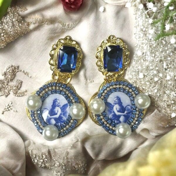 SOLD! 10244 Renaissance Cameo Blue Tile Elegant Earrings Studs