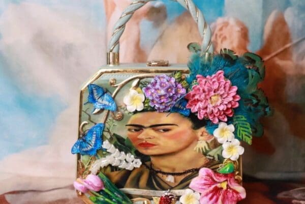 SOLD! 10262 Frida Kahlo Flowers Boutique Style Statues Embossed Embellished Handbag