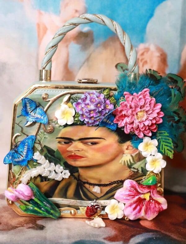 SOLD! 10262 Frida Kahlo Flowers Boutique Style Statues Embossed Embellished Handbag - Image 2