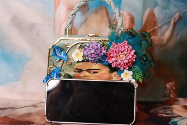 SOLD! 10262 Frida Kahlo Flowers Boutique Style Statues Embossed Embellished Handbag - Image 6
