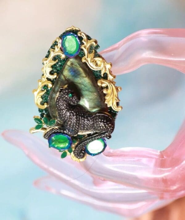 SOLD! 10266 Genuine Labradorite Black Panther Massive Adjustable Cocktail Ring - Image 4