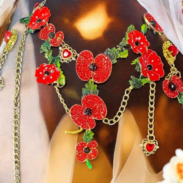 SOLD! 10273 Set Of Necklace+ Earrings Poppy Enamel Flowers Necklace