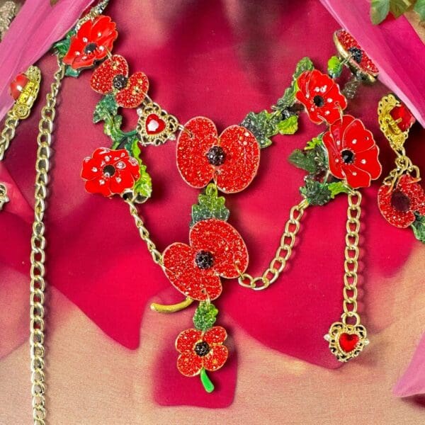 SOLD! 10273 Set Of Necklace+ Earrings Poppy Enamel Flowers Necklace - Image 6