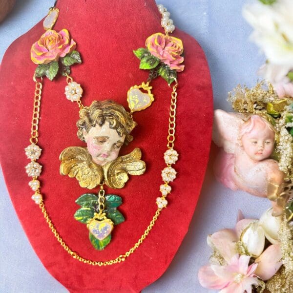SOLD! 10298 Baroque Chubby Cherub Angel Roses Huge Necklace