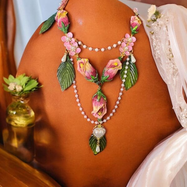 SOLD! 10299 Set Of Necklace+ Earrings Baroque Hand Painted Roses Pearl