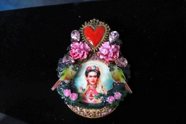 SOLD! 10315 Set Of Brooch+ Earrings Frida Kahlo Sacred Heart Huge Brooch - Image 4