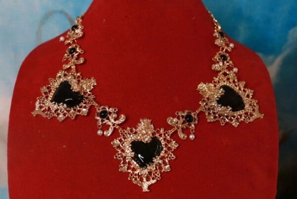 SOLD! 10318 Baroque Sacred Hearts Black Necklace