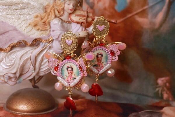 SOLD! 10323 Frida Kahlo Butterfly Painted Earrings - Image 3