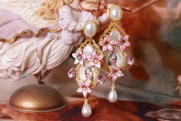 SOLD! 10328 Marie Antoinette Long Pink Pearl Massive Earrings - Image 3