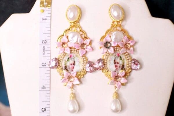SOLD! 10328 Marie Antoinette Long Pink Pearl Massive Earrings - Image 4
