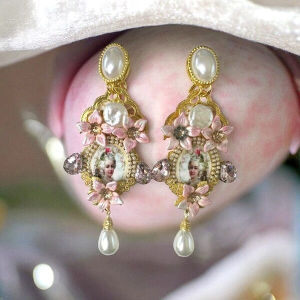 SOLD! 10328 Marie Antoinette Long Pink Pearl Massive Earrings