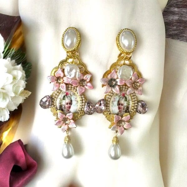 SOLD! 10328 Marie Antoinette Long Pink Pearl Massive Earrings - Image 2