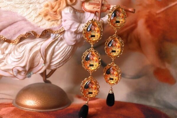 SOLD! 10362 Art Gustav Klimt Tribute Orange The Kiss Statement Earrings - Image 3