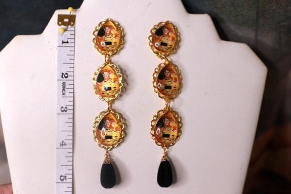 SOLD! 10362 Art Gustav Klimt Tribute Orange The Kiss Statement Earrings - Image 4