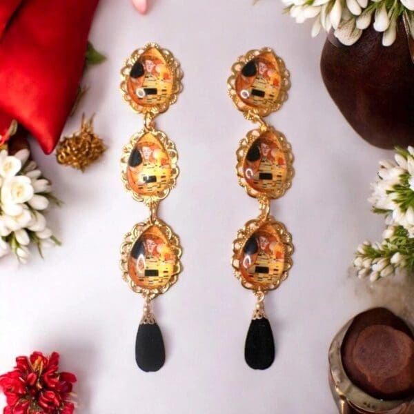 SOLD! 10362 Art Gustav Klimt Tribute Orange The Kiss Statement Earrings - Image 2