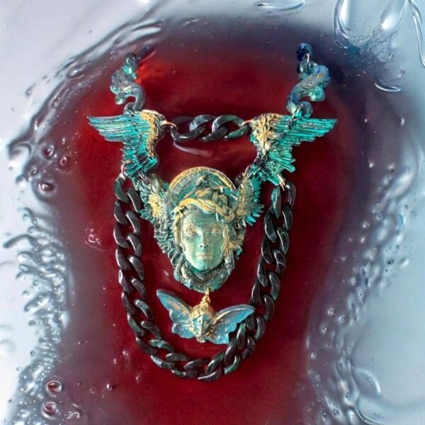 SOLD! 10364 Medieval Art Jewelry 3D Effect Hand Painted Medusa Gorgon Malachite Stone effect Necklace
