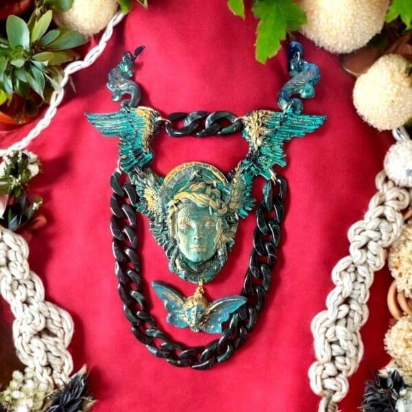 SOLD! 10364 Medieval Art Jewelry 3D Effect Hand Painted Medusa Gorgon Malachite Stone effect Necklace - Image 4