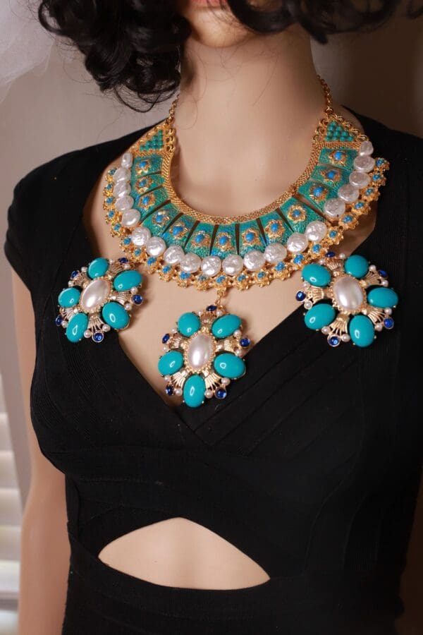 SOLD! 10370 Royal Turquoise Genuine Pearls Necklace - Image 3