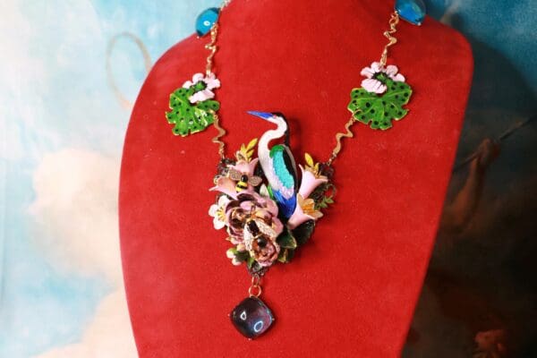 SOLD! 10376 Art Jewelry Enamel Crane Unusual Hand Painted Necklace - Image 4