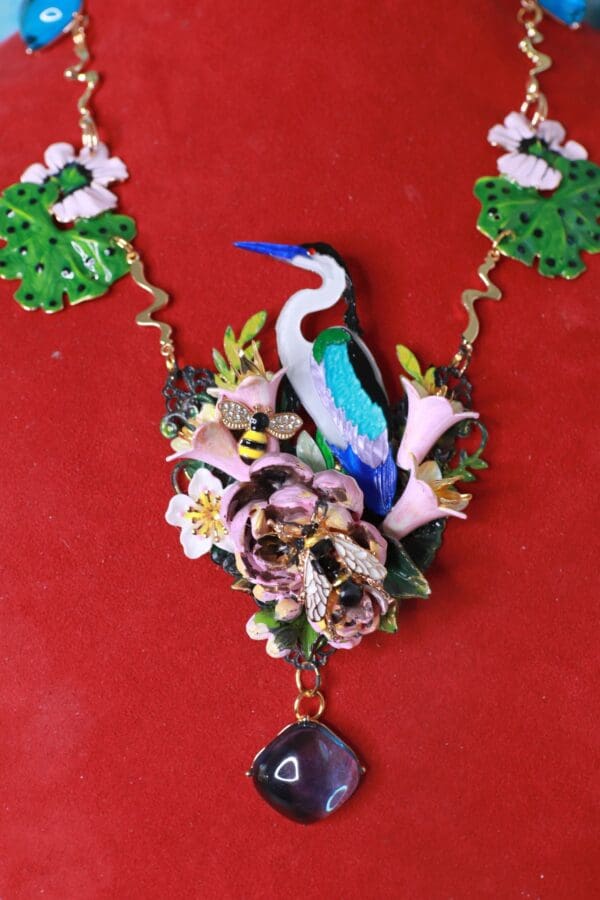 SOLD! 10376 Art Jewelry Enamel Crane Unusual Hand Painted Necklace - Image 5