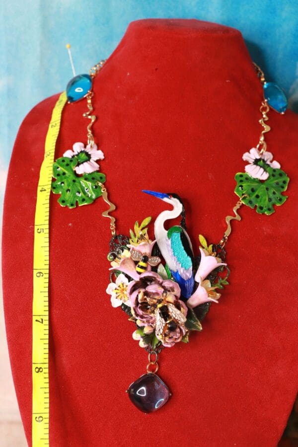 SOLD! 10376 Art Jewelry Enamel Crane Unusual Hand Painted Necklace - Image 6