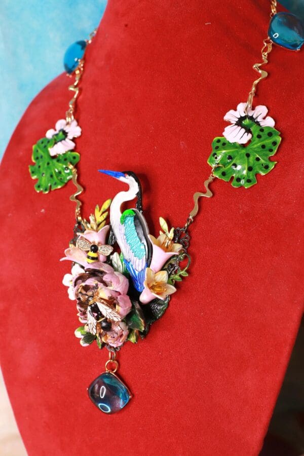 SOLD! 10376 Art Jewelry Enamel Crane Unusual Hand Painted Necklace - Image 7