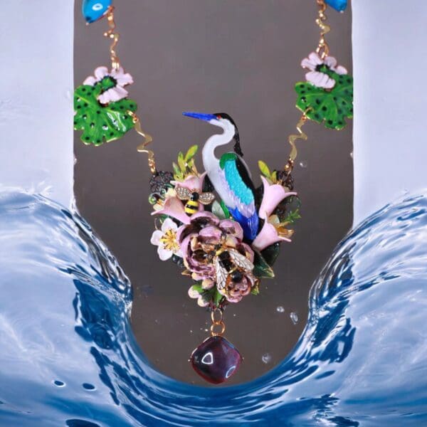 SOLD! 10376 Art Jewelry Enamel Crane Unusual Hand Painted Necklace
