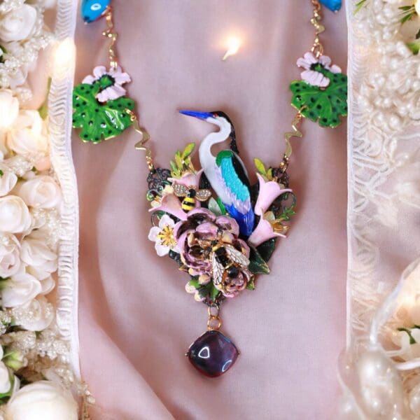 SOLD! 10376 Art Jewelry Enamel Crane Unusual Hand Painted Necklace - Image 2