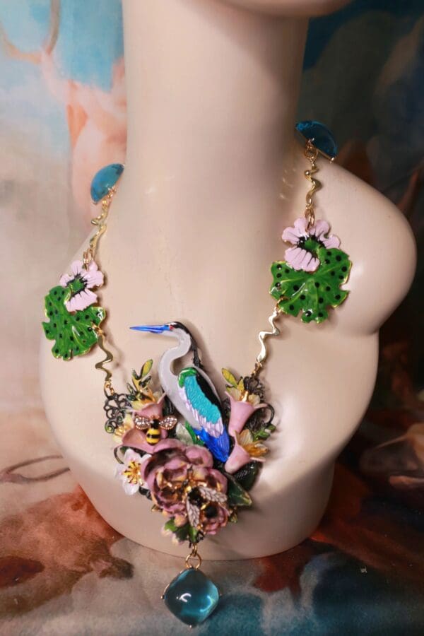 SOLD! 10376 Art Jewelry Enamel Crane Unusual Hand Painted Necklace - Image 8