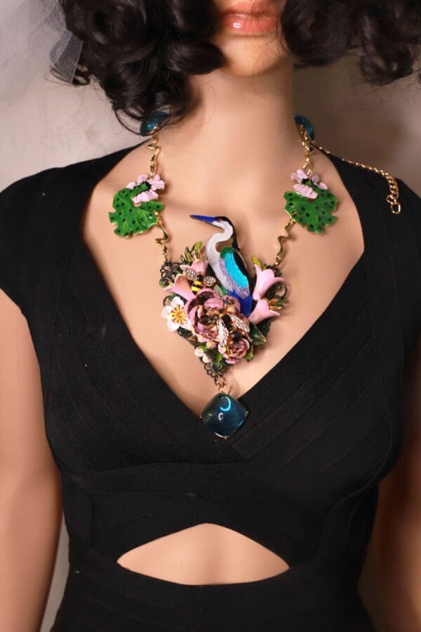 SOLD! 10376 Art Jewelry Enamel Crane Unusual Hand Painted Necklace - Image 10
