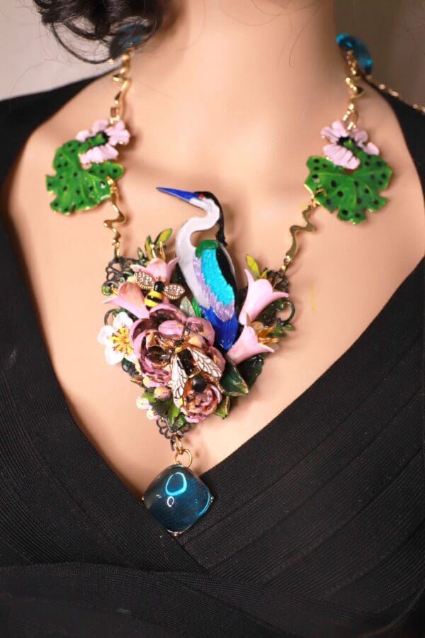 SOLD! 10376 Art Jewelry Enamel Crane Unusual Hand Painted Necklace - Image 3