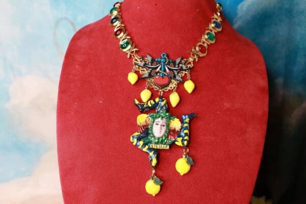 SOLD! 10381 Sicilian Trinacria With Lemons Art Jewelry 3D Effect Necklace - Image 6