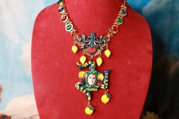 SOLD! 10381 Sicilian Trinacria With Lemons Art Jewelry 3D Effect Necklace - Image 8