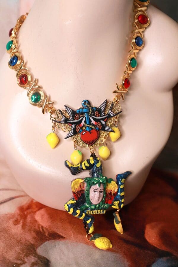 SOLD! 10381 Sicilian Trinacria With Lemons Art Jewelry 3D Effect Necklace - Image 5
