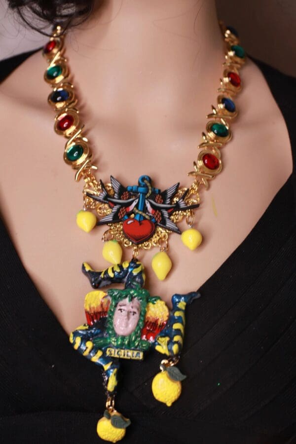 SOLD! 10381 Sicilian Trinacria With Lemons Art Jewelry 3D Effect Necklace - Image 10