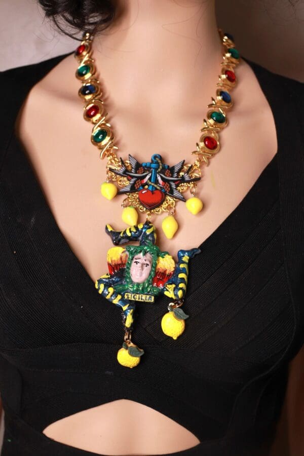 SOLD! 10381 Sicilian Trinacria With Lemons Art Jewelry 3D Effect Necklace - Image 3
