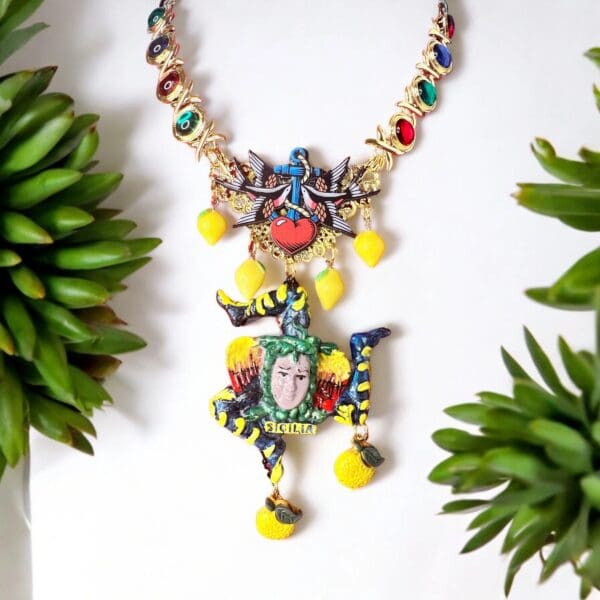 SOLD! 10381 Sicilian Trinacria With Lemons Art Jewelry 3D Effect Necklace