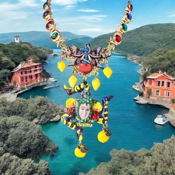 SOLD! 10381 Sicilian Trinacria With Lemons Art Jewelry 3D Effect Necklace - Image 2