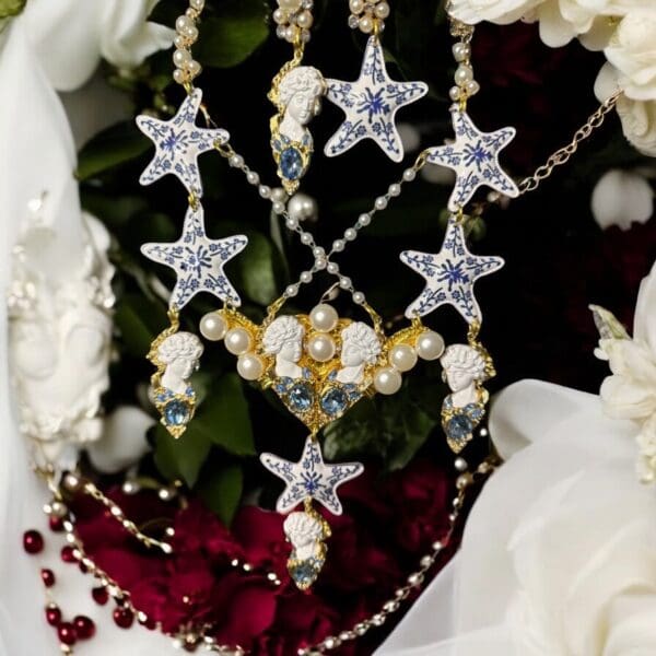 136 Italian Roman Statues Stars Enamel Unusual Statement Necklace
