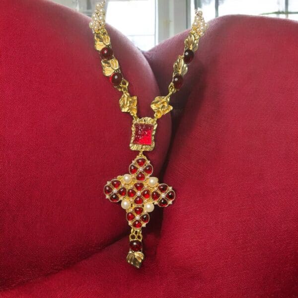 138 Baroque Red Rhinestones Vintage Style Massive Cross Necklace