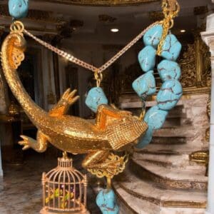 SOLD! 152 Genuine Turquoise Art Jewelry Lizard Baroque Statement Necklace