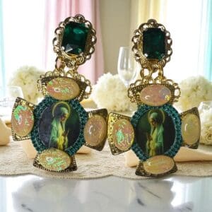 162 Virgin Mary Green Cameo Earrings Studs