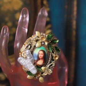 SOLD! 240  Mona Lisa Cameo Green Vintage Style Pearl Adjustable Cocktail Ring