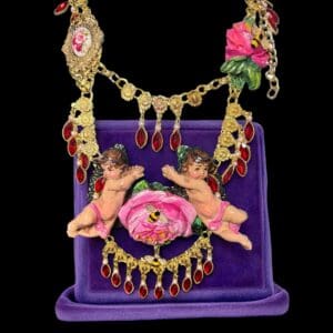 SOLD! 216 Baroque Cherubs Large Roses Hand Painted Massive Necklace