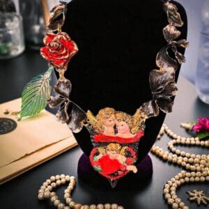 219 Baroque Red Heart Cherubs Massive Necklace