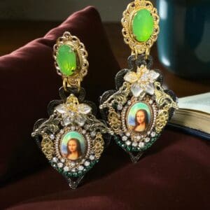 SOLD! 234 Mona Lisa Cameo Green Flower Massive Earrings