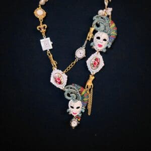 275 Venetian Masks Enamel Clock Statement Necklace