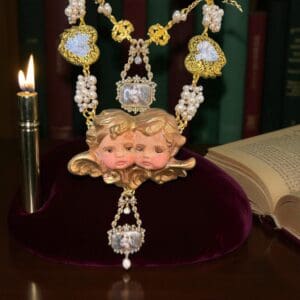 270 Baroque Cherubs Sacred Blue Hearts Statement Necklace