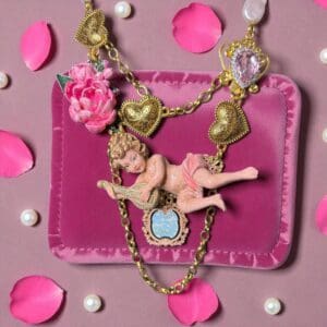 SOLD! 282 Baroque Musical Cherub Roses Hearts Irregular Statement Necklace