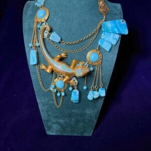 SOLD! 278 Art Jewelry Gold Tone Lizard Turquoise Massive Necklace